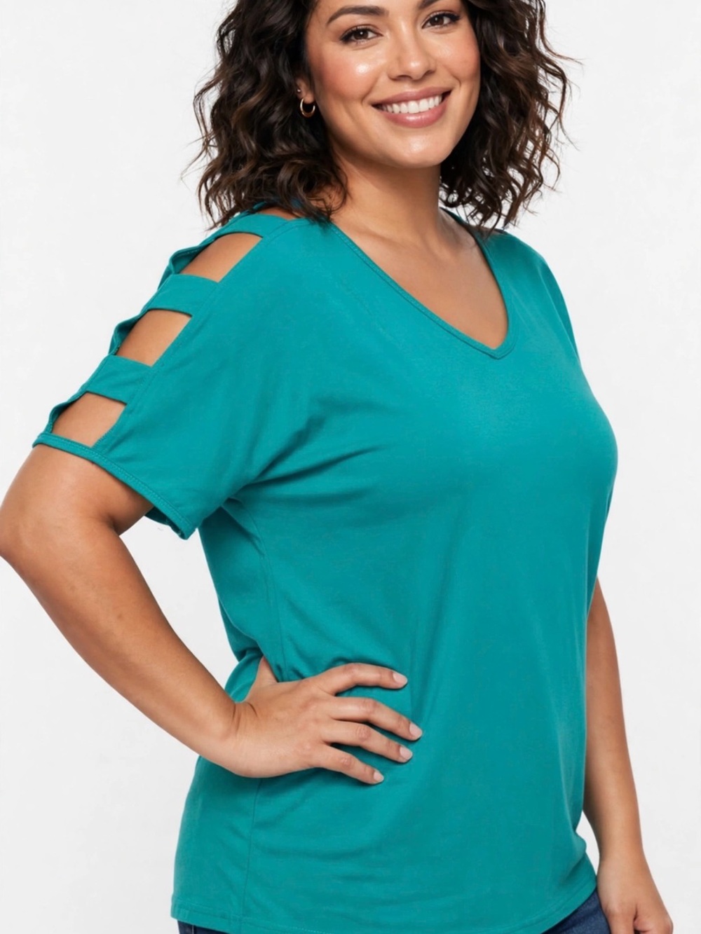 Teal Cold-Shoulder V-Neck Women’s Top